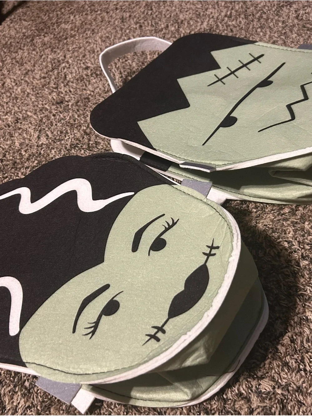 Green Frankenstein & Bride Character Tote Bag Duo - Cute Halloween Set
